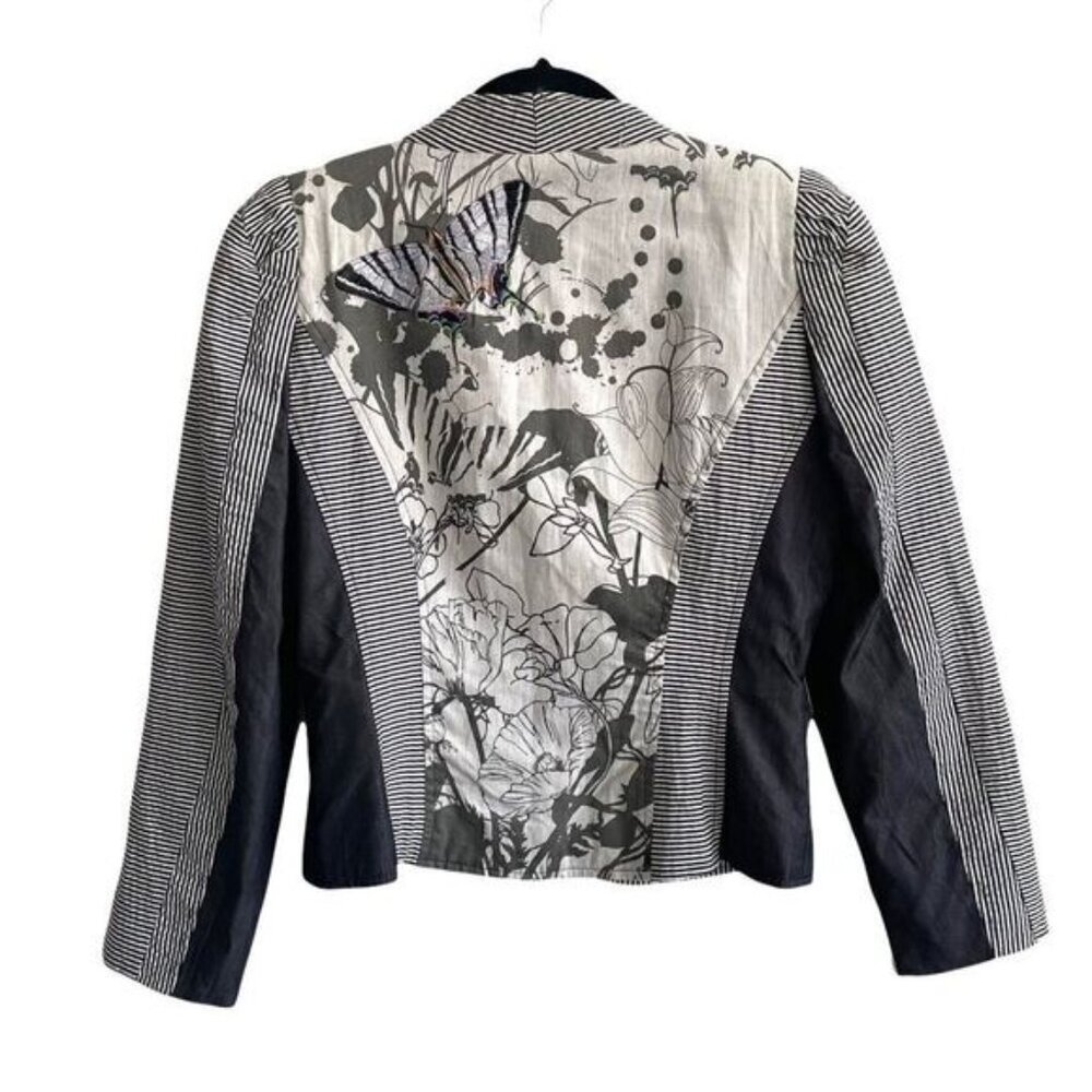 St-martins Cotton Striped Blazer Embellished Butterfly Embroidery Black White 36